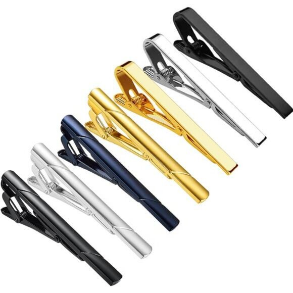 Mens Tie Clip Set 7 Pack Tie Bar Pinch Clips Formal Business Necktie Accessory - Picture 1 of 8